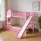 Pink Twin Over Twin Dollhouse Solid Wood Bunk Bed With Stairs And Slide And Drawers And Storage
