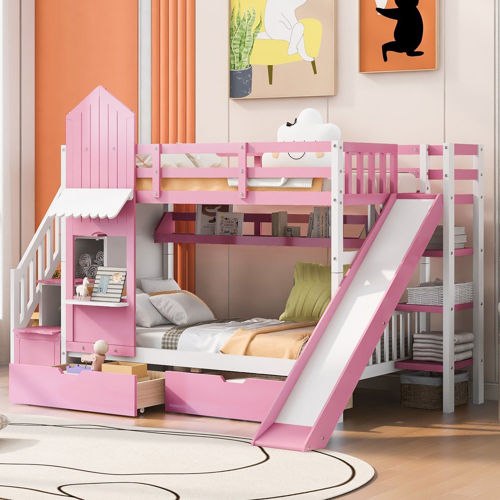 Pink Twin Over Twin Dollhouse Solid Wood Bunk Bed With Stairs And Slide And Drawers And Storage