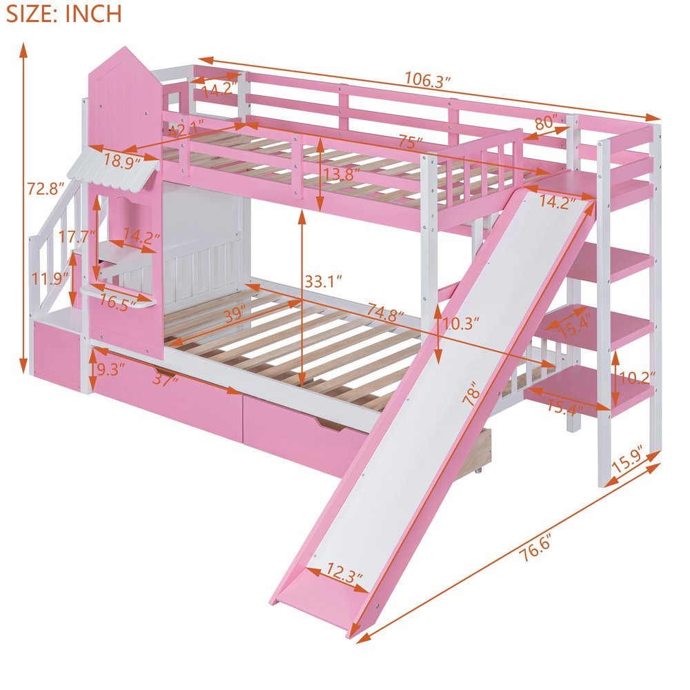 Pink Twin Over Twin Dollhouse Solid Wood Bunk Bed With Stairs And Slide And Drawers And Storage