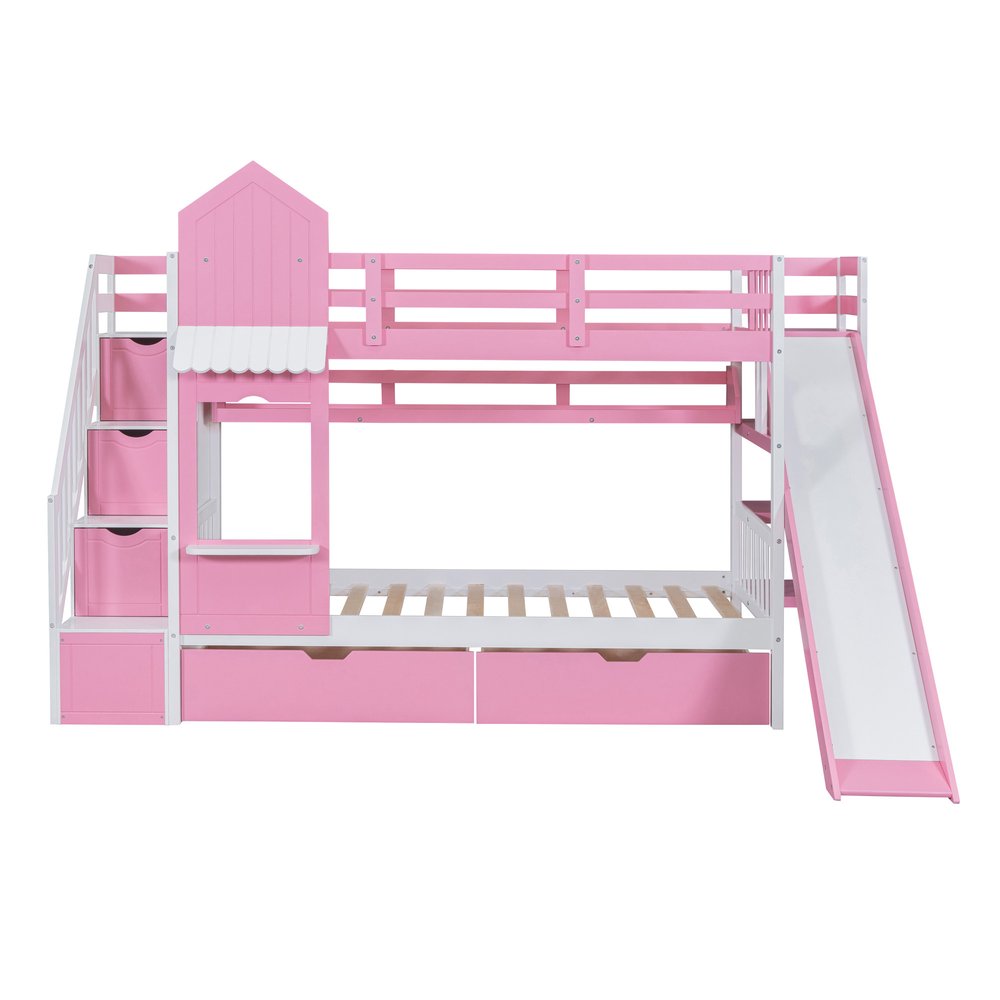 Pink Twin Over Twin Dollhouse Solid Wood Bunk Bed With Stairs And Slide And Drawers And Storage