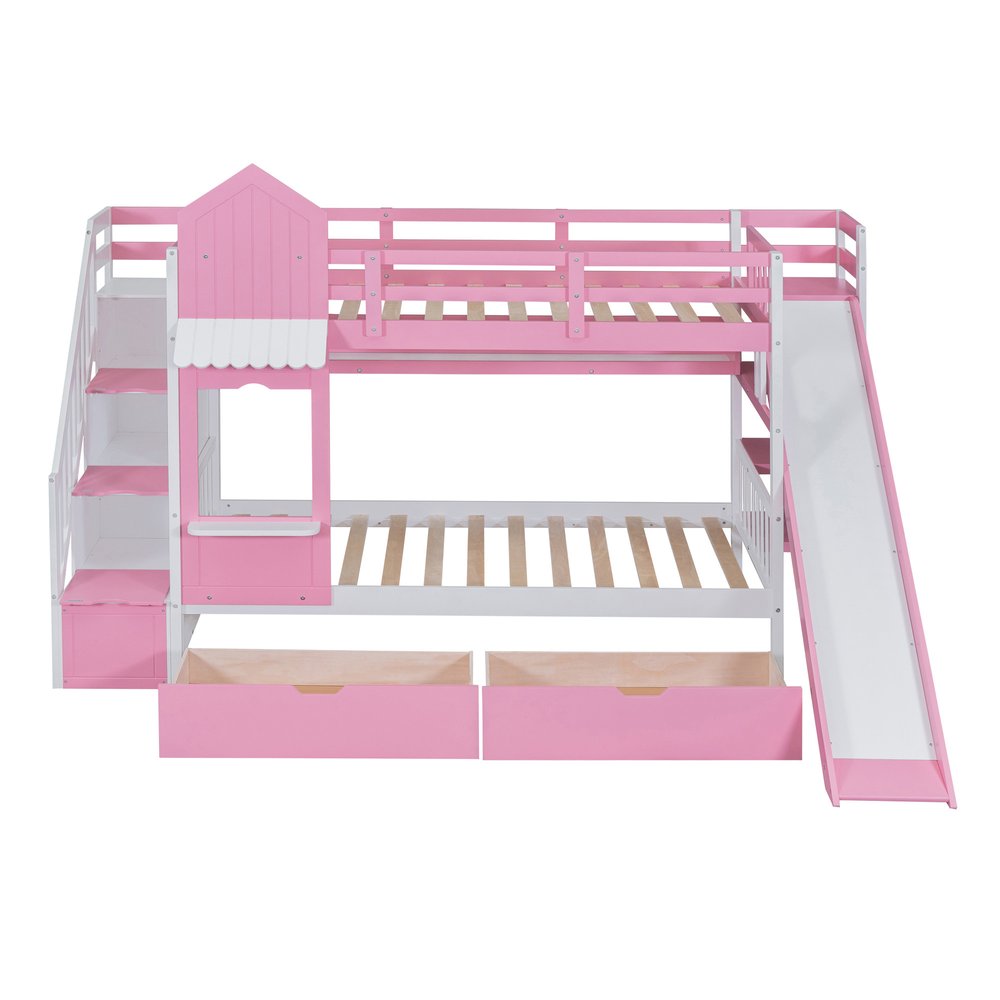 Pink Twin Over Twin Dollhouse Solid Wood Bunk Bed With Stairs And Slide And Drawers And Storage