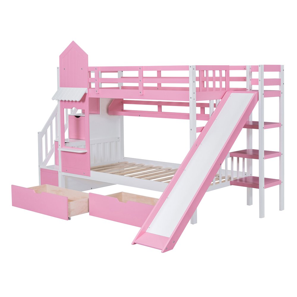 Pink Twin Over Twin Dollhouse Solid Wood Bunk Bed With Stairs And Slide And Drawers And Storage
