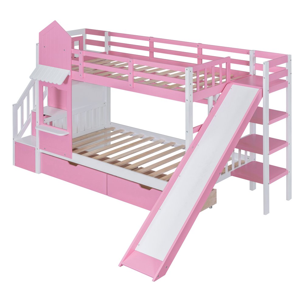 Pink Twin Over Twin Dollhouse Solid Wood Bunk Bed With Stairs And Slide And Drawers And Storage