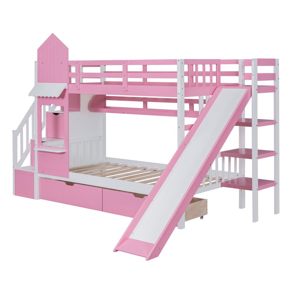 Pink Twin Over Twin Dollhouse Solid Wood Bunk Bed With Stairs And Slide And Drawers And Storage