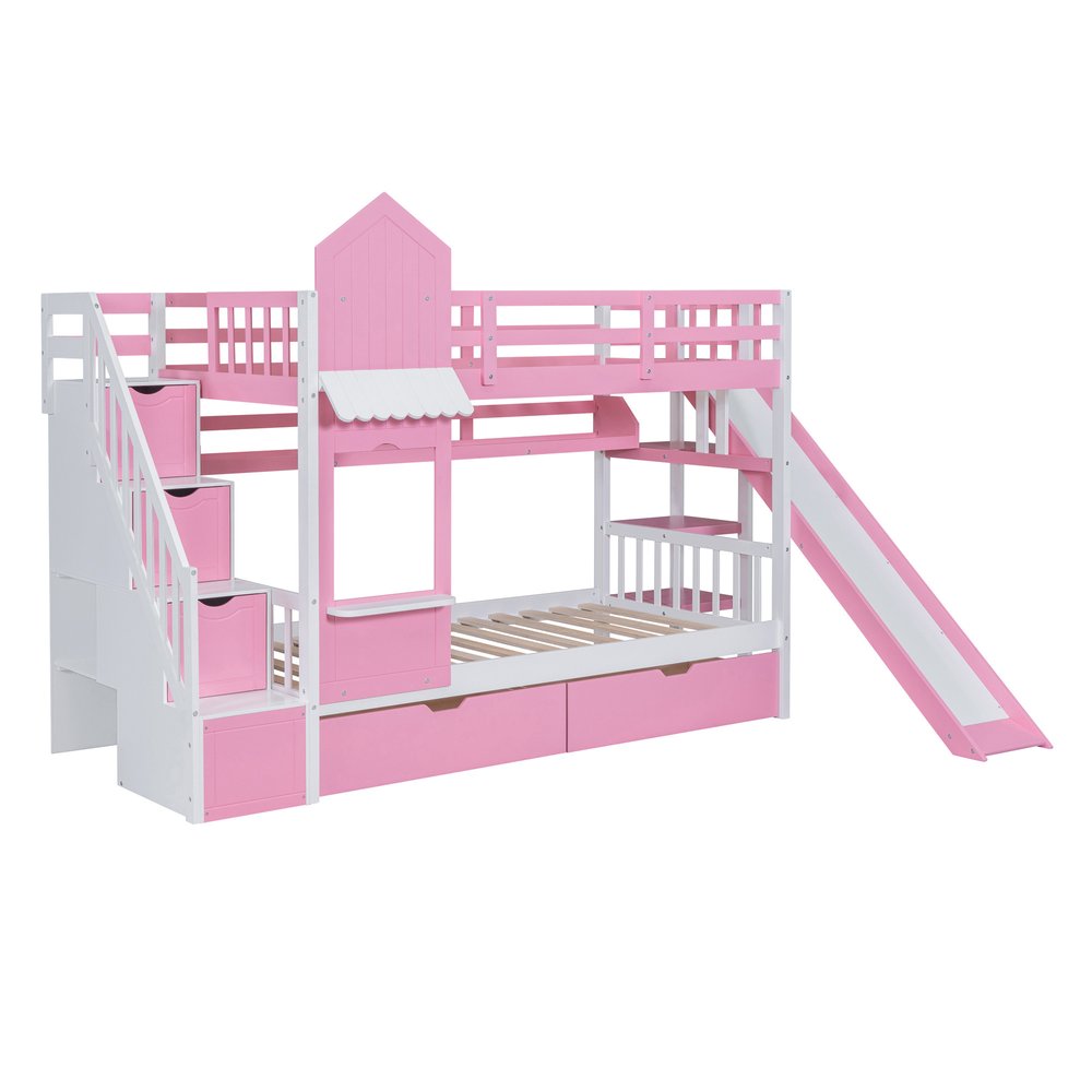 Pink Twin Over Twin Dollhouse Solid Wood Bunk Bed With Stairs And Slide And Drawers And Storage