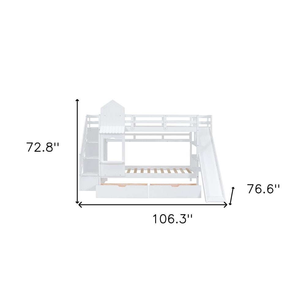 White Twin Over Twin Dollhouse Solid Wood Bunk Bed With Stairs And Slide And Drawers And Storage