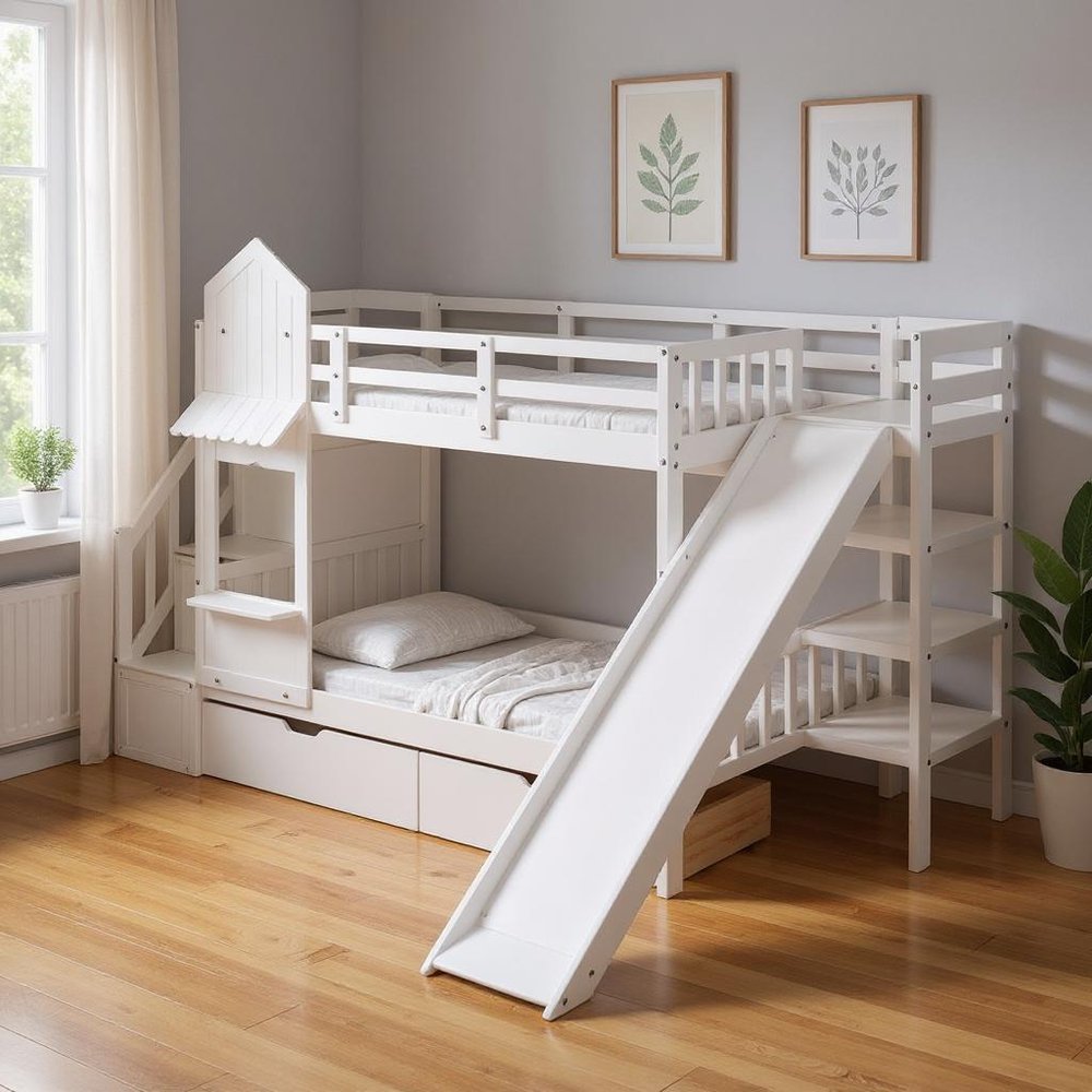 White Twin Over Twin Dollhouse Solid Wood Bunk Bed With Stairs And Slide And Drawers And Storage