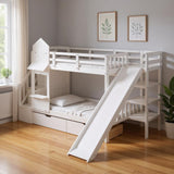 White Twin Over Twin Dollhouse Solid Wood Bunk Bed With Stairs And Slide And Drawers And Storage