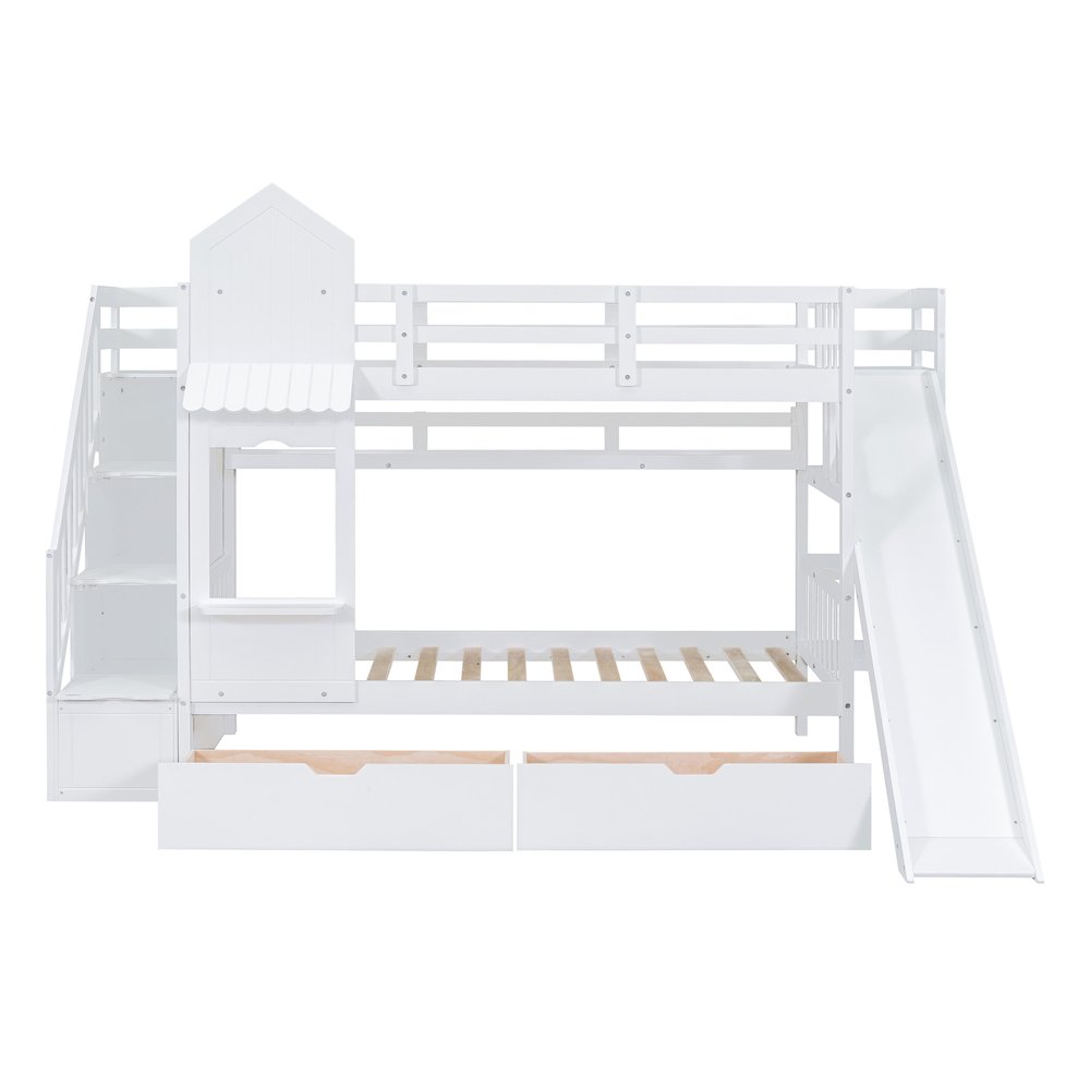 White Twin Over Twin Dollhouse Solid Wood Bunk Bed With Stairs And Slide And Drawers And Storage