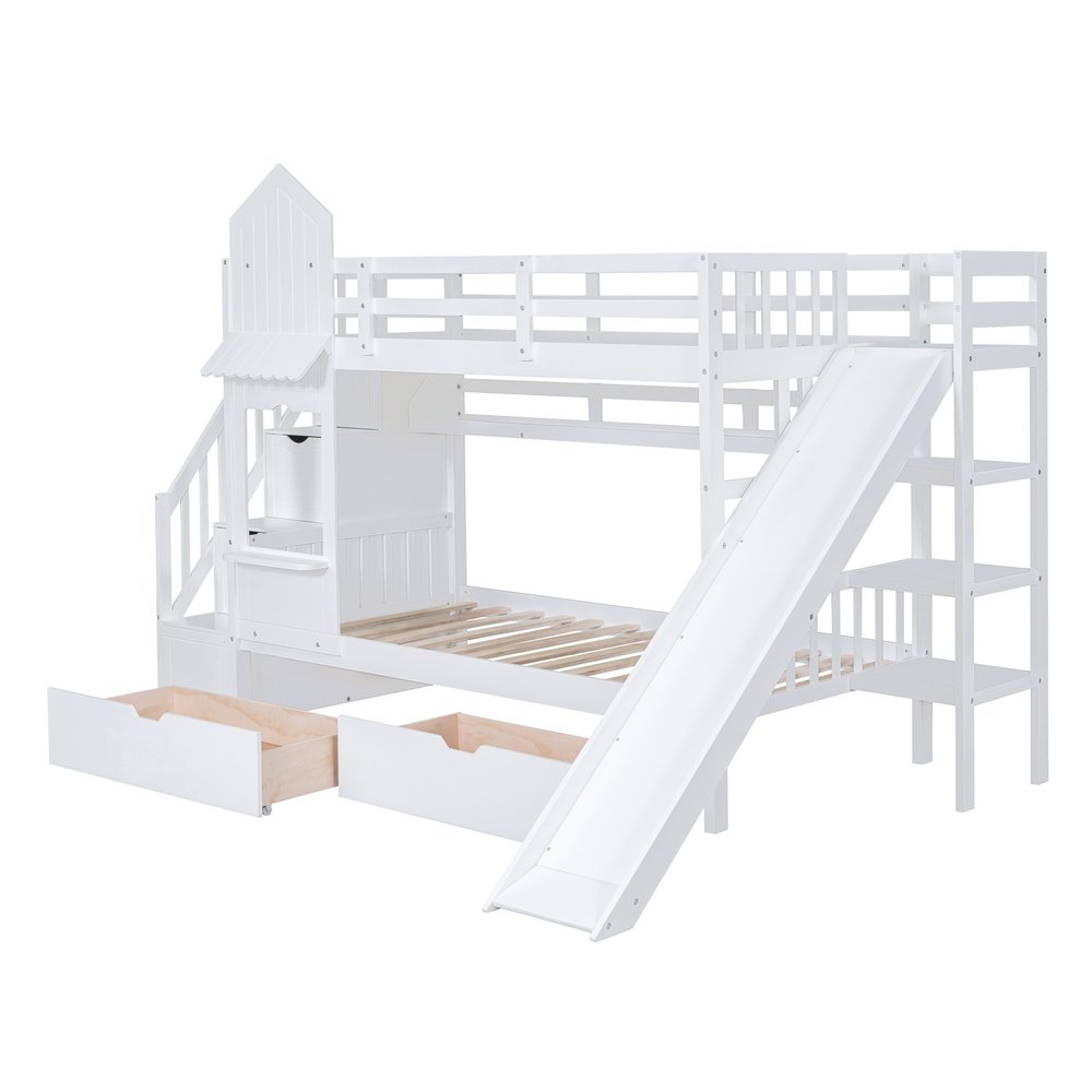 White Twin Over Twin Dollhouse Solid Wood Bunk Bed With Stairs And Slide And Drawers And Storage
