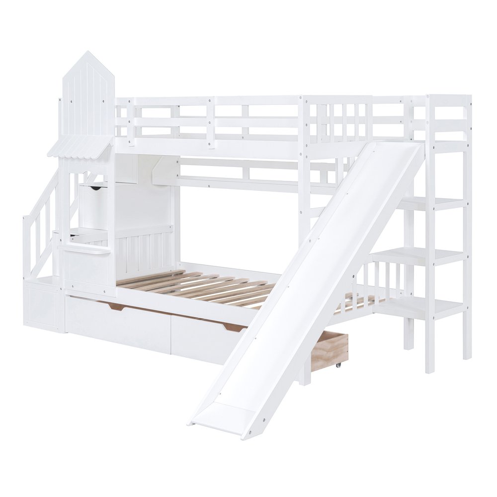 White Twin Over Twin Dollhouse Solid Wood Bunk Bed With Stairs And Slide And Drawers And Storage