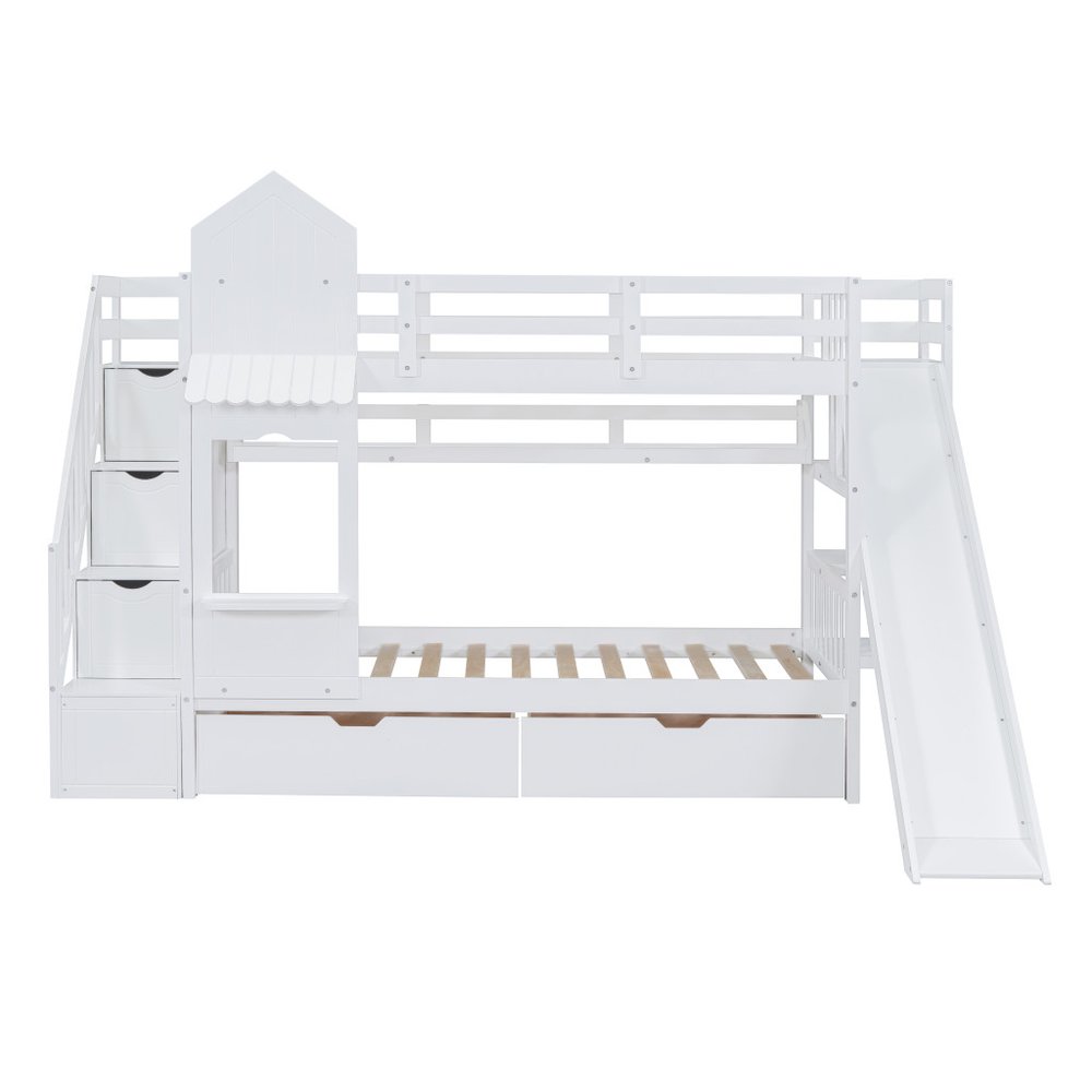 White Twin Over Twin Dollhouse Solid Wood Bunk Bed With Stairs And Slide And Drawers And Storage