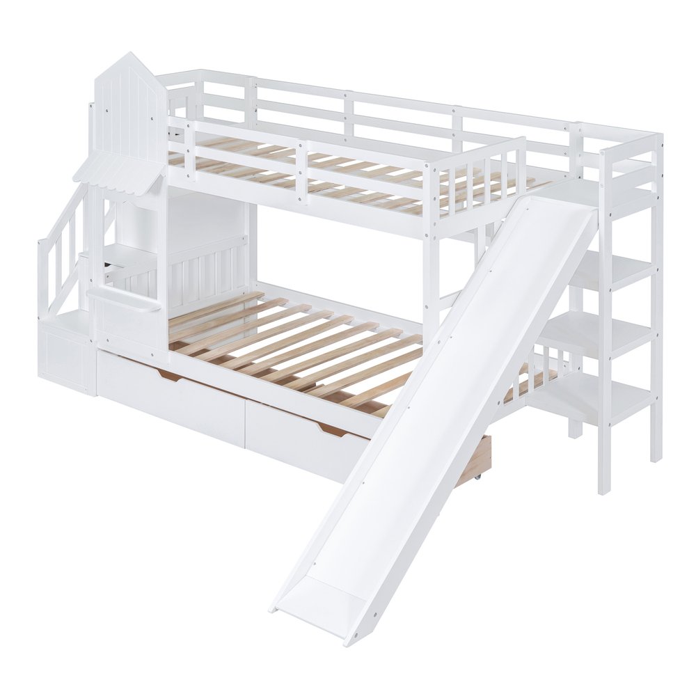 White Twin Over Twin Dollhouse Solid Wood Bunk Bed With Stairs And Slide And Drawers And Storage