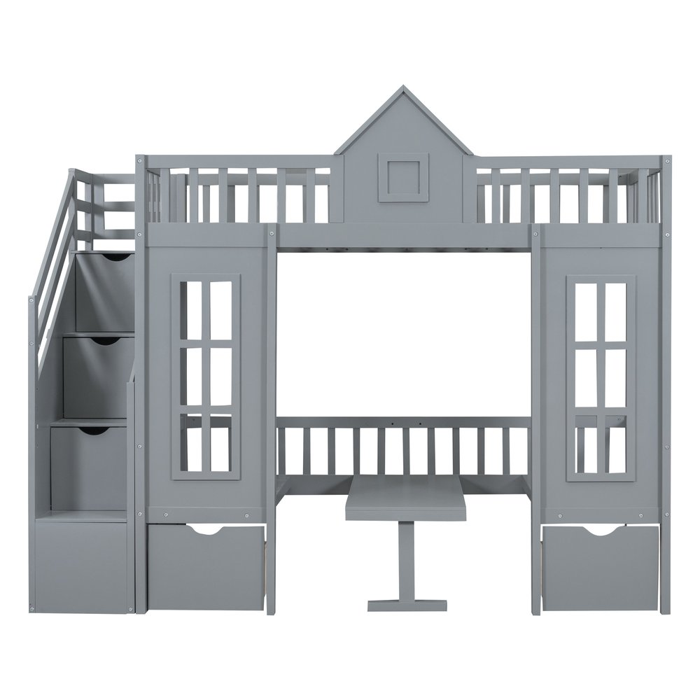 Gray Twin Over Twin Solid Wood Bunk Bed With Stairs And Desk And Drawers And Storage