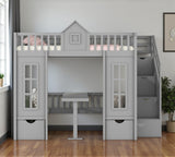Gray Twin Over Twin Solid Wood Bunk Bed With Stairs And Desk And Drawers And Storage