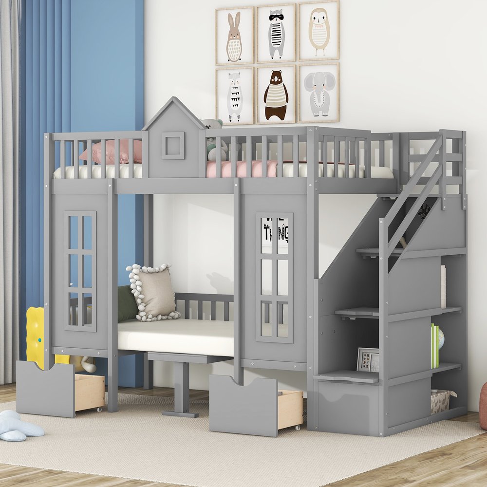 Gray Twin Over Twin Solid Wood Bunk Bed With Stairs And Desk And Drawers And Storage