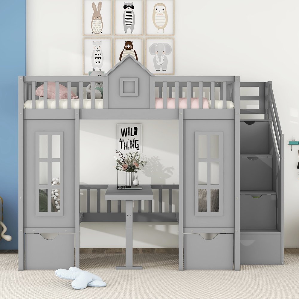 Gray Twin Over Twin Solid Wood Bunk Bed With Stairs And Desk And Drawers And Storage