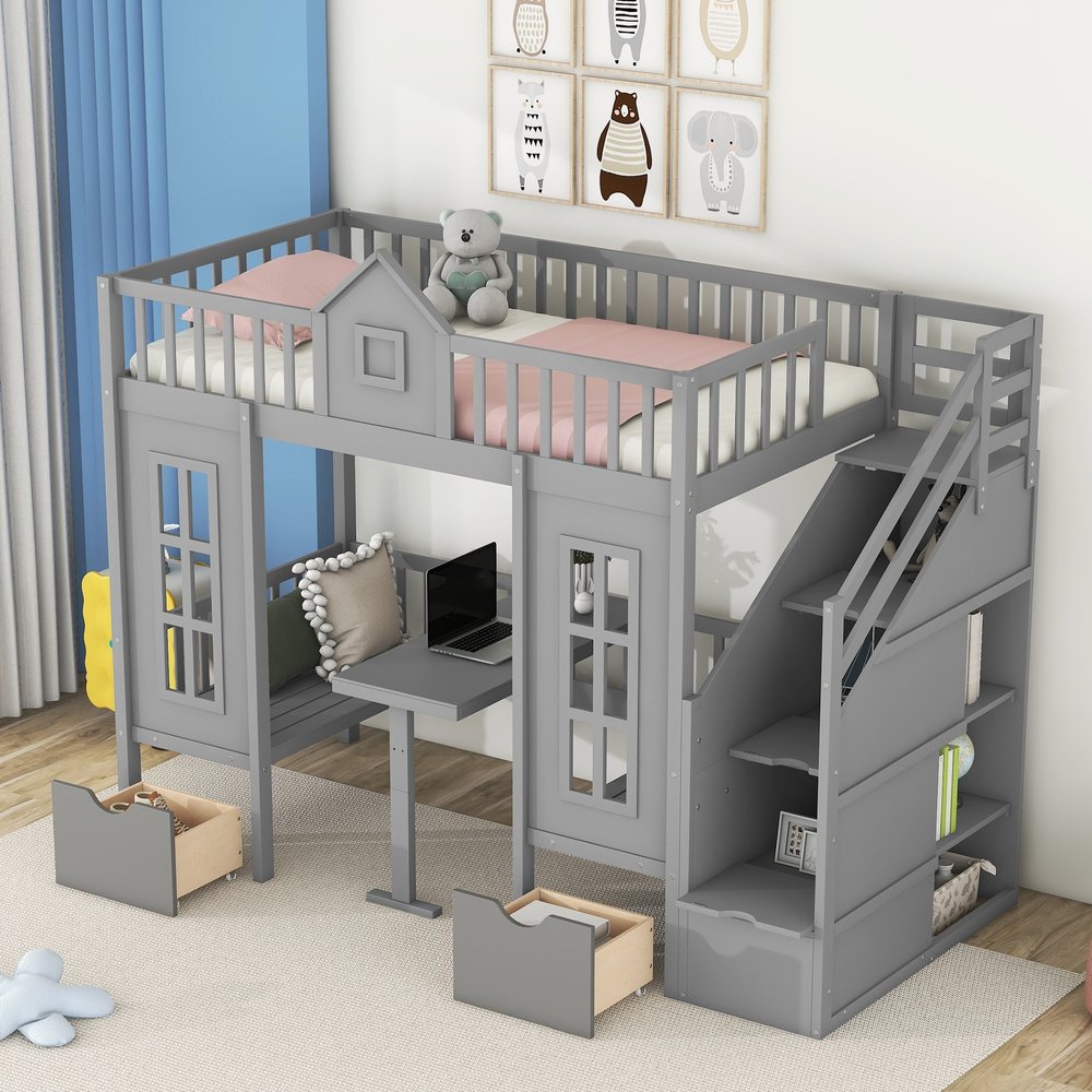 Gray Twin Over Twin Solid Wood Bunk Bed With Stairs And Desk And Drawers And Storage