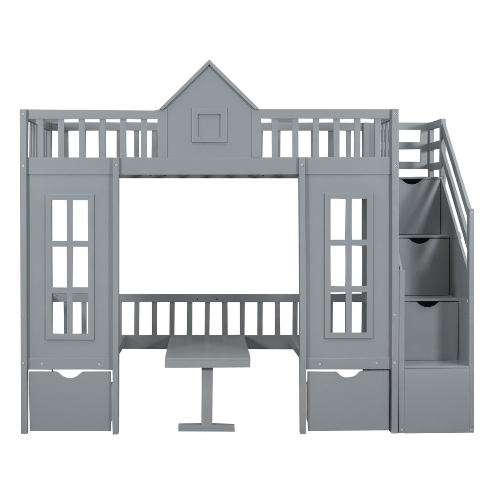 Gray Twin Over Twin Solid Wood Bunk Bed With Stairs And Desk And Drawers And Storage
