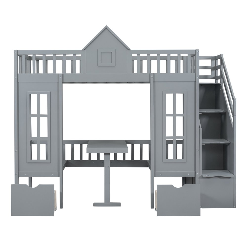Gray Twin Over Twin Solid Wood Bunk Bed With Stairs And Desk And Drawers And Storage