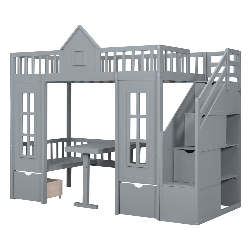 Gray Twin Over Twin Solid Wood Bunk Bed With Stairs And Desk And Drawers And Storage