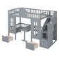 Gray Twin Over Twin Solid Wood Bunk Bed With Stairs And Desk And Drawers And Storage