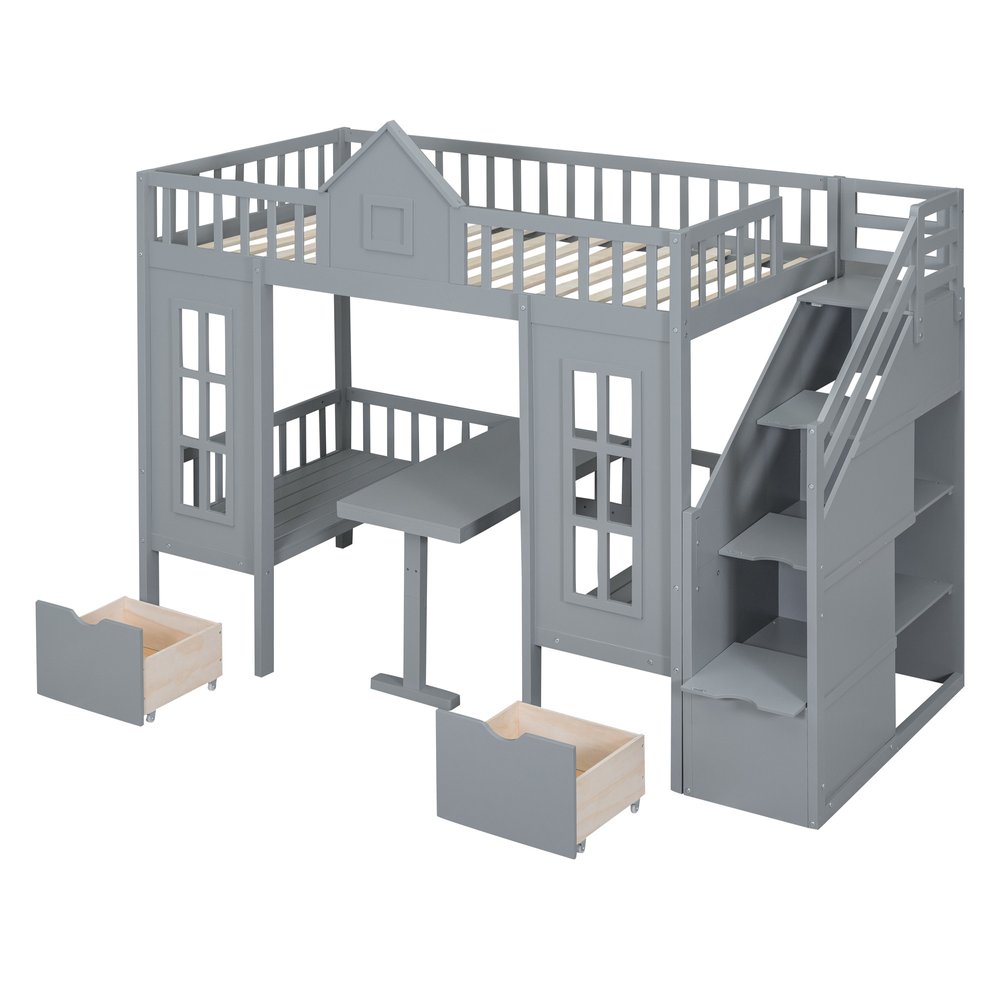 Gray Twin Over Twin Solid Wood Bunk Bed With Stairs And Desk And Drawers And Storage