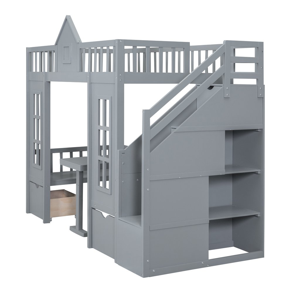 Gray Twin Over Twin Solid Wood Bunk Bed With Stairs And Desk And Drawers And Storage