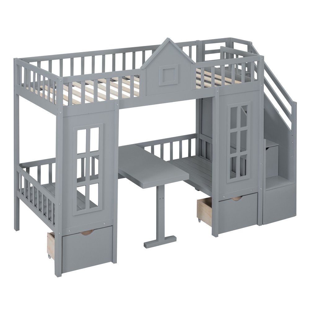 Gray Twin Over Twin Solid Wood Bunk Bed With Stairs And Desk And Drawers And Storage
