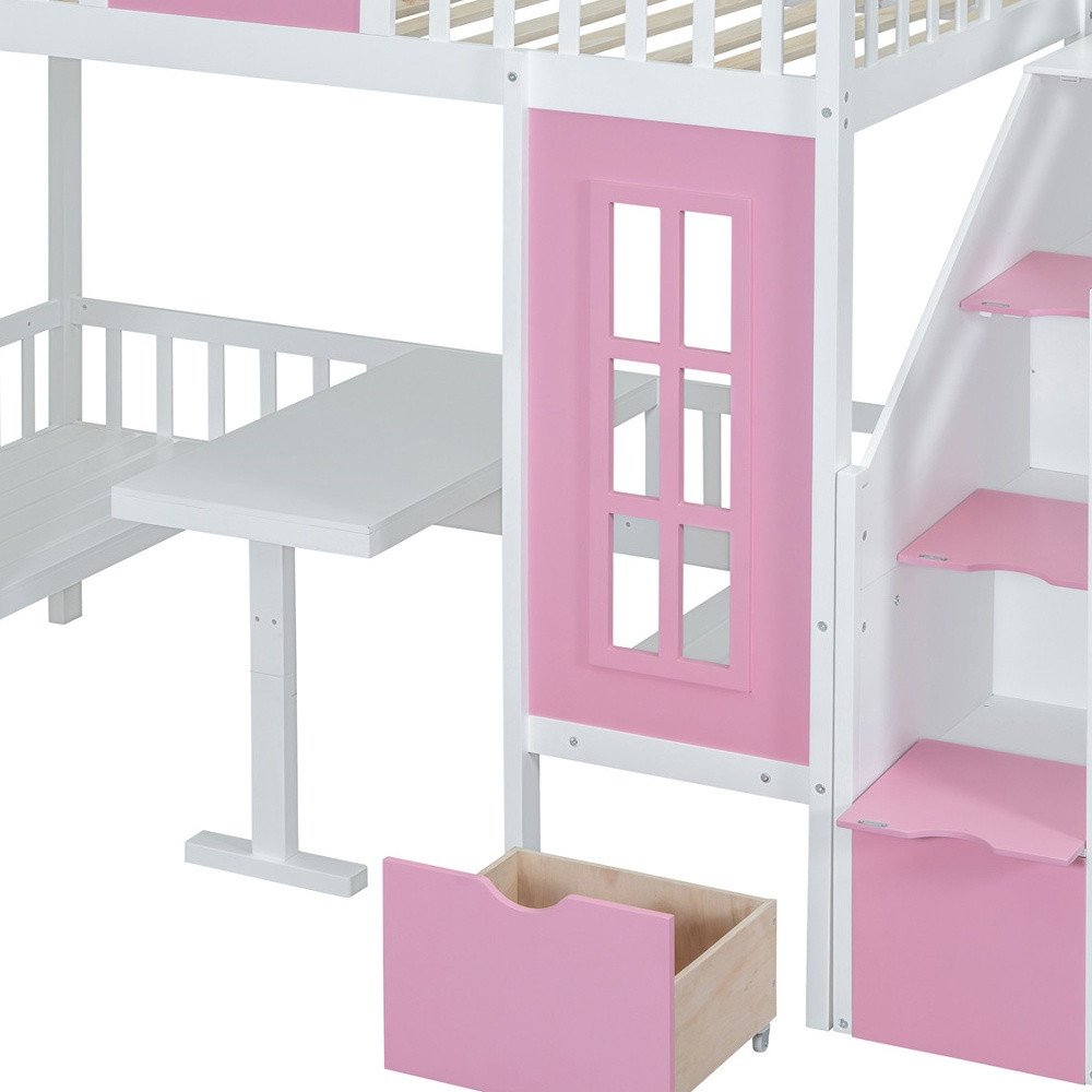 Pink And White Twin Over Twin Solid Wood Bunk Bed With Stairs And Desk And Drawers And Storage