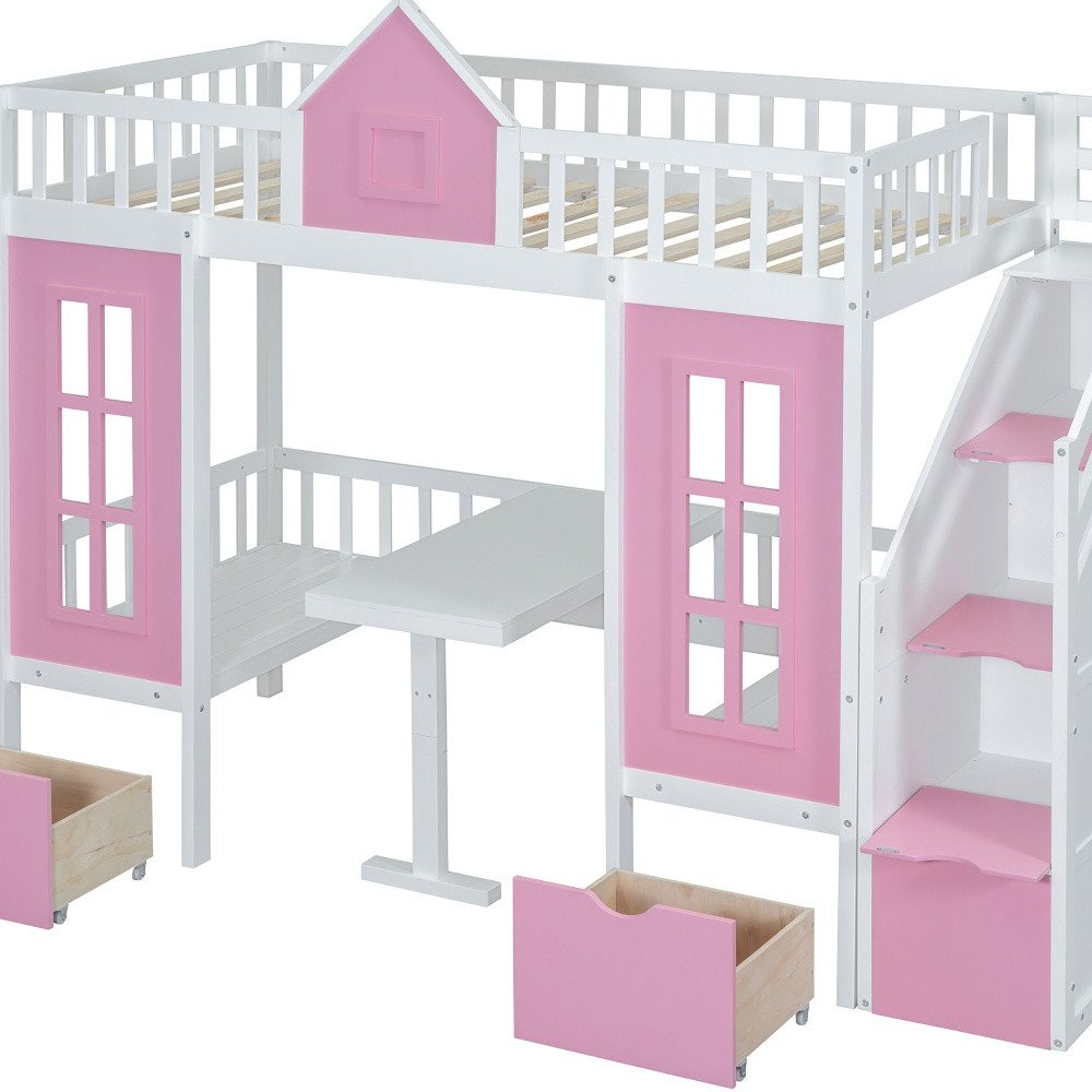 Pink And White Twin Over Twin Solid Wood Bunk Bed With Stairs And Desk And Drawers And Storage