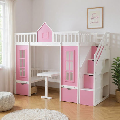 Pink And White Twin Over Twin Solid Wood Bunk Bed With Stairs And Desk And Drawers And Storage