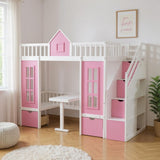 Pink And White Twin Over Twin Solid Wood Bunk Bed With Stairs And Desk And Drawers And Storage