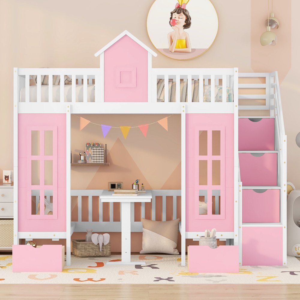 Pink And White Twin Over Twin Solid Wood Bunk Bed With Stairs And Desk And Drawers And Storage