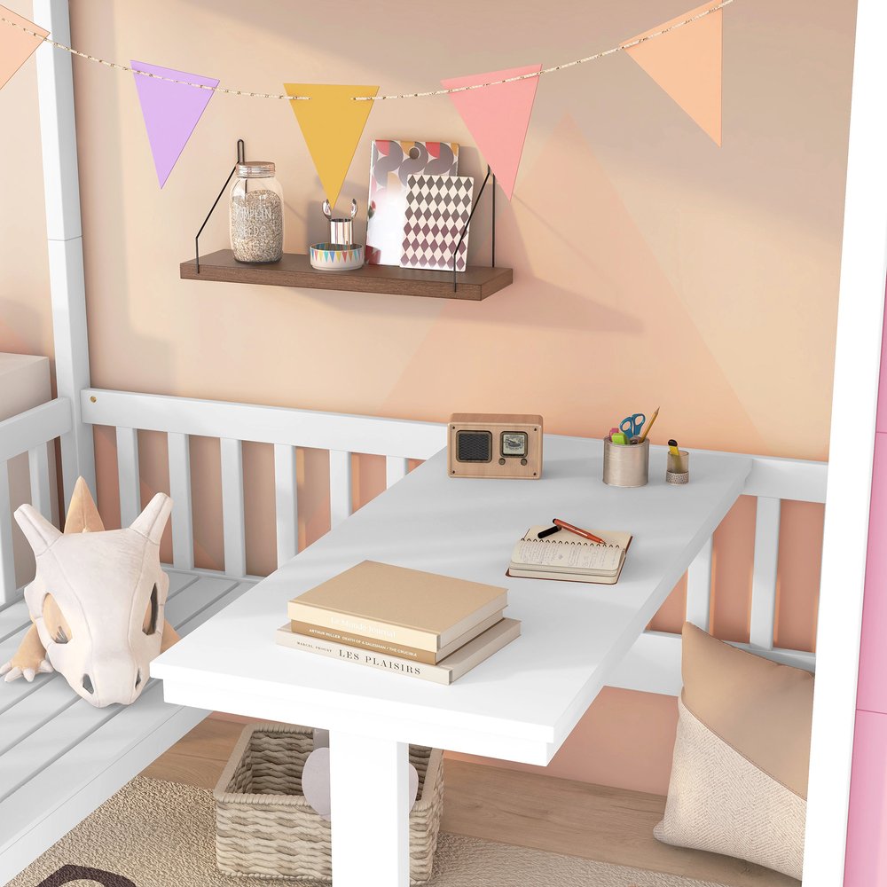 Pink And White Twin Over Twin Solid Wood Bunk Bed With Stairs And Desk And Drawers And Storage