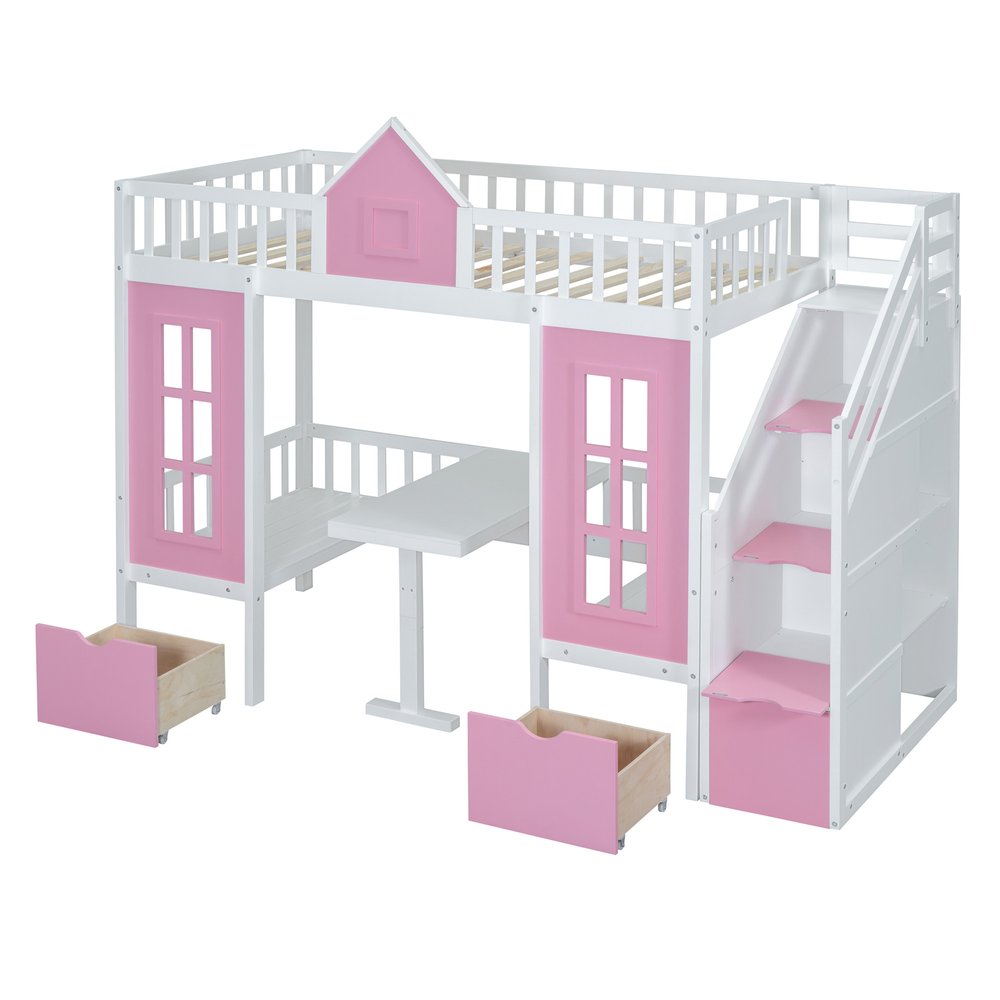 Pink And White Twin Over Twin Solid Wood Bunk Bed With Stairs And Desk And Drawers And Storage