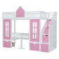 Pink And White Twin Over Twin Solid Wood Bunk Bed With Stairs And Desk And Drawers And Storage