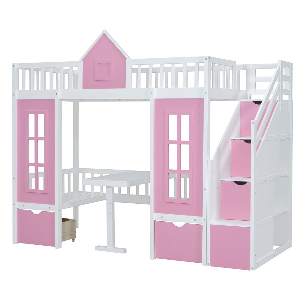 Pink And White Twin Over Twin Solid Wood Bunk Bed With Stairs And Desk And Drawers And Storage