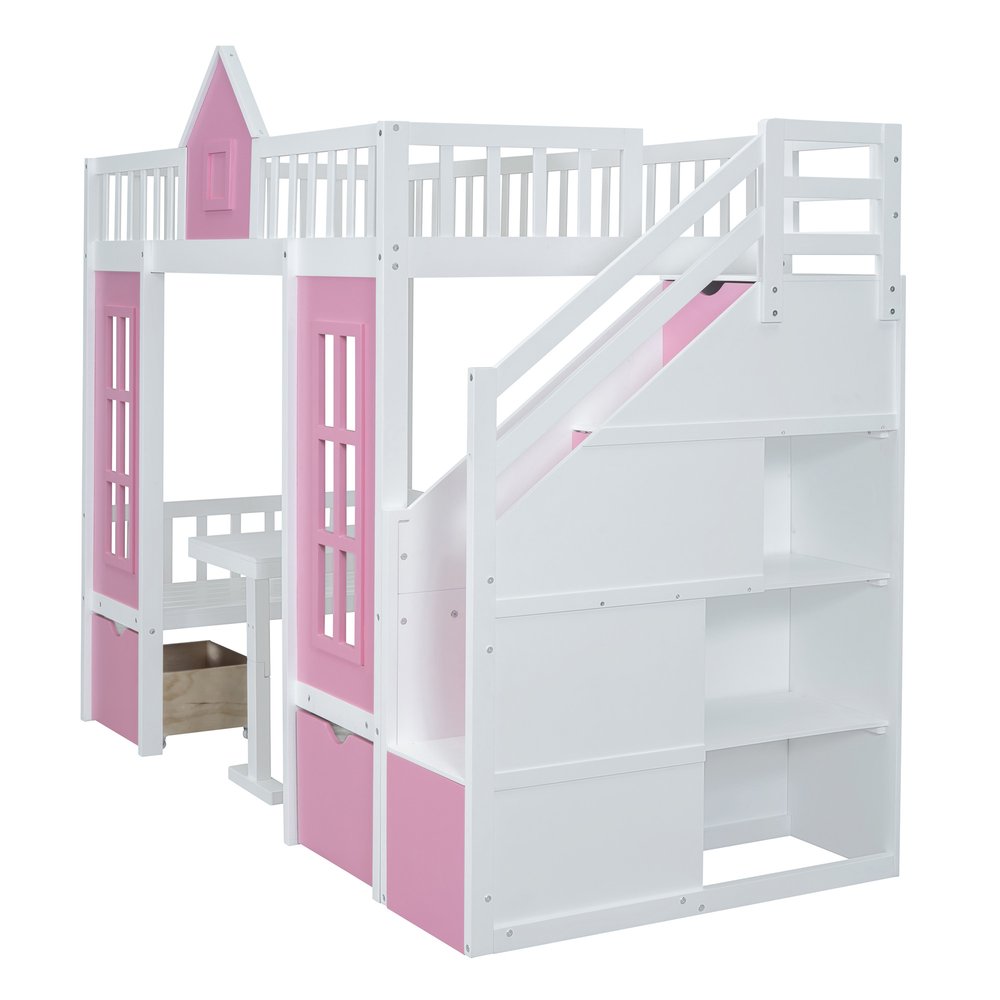 Pink And White Twin Over Twin Solid Wood Bunk Bed With Stairs And Desk And Drawers And Storage