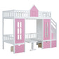 Pink And White Twin Over Twin Solid Wood Bunk Bed With Stairs And Desk And Drawers And Storage