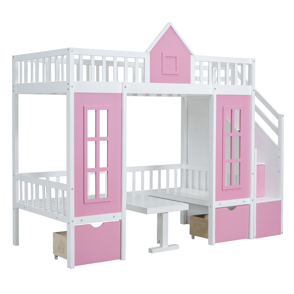 Pink And White Twin Over Twin Solid Wood Bunk Bed With Stairs And Desk And Drawers And Storage