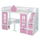 Pink And White Twin Over Twin Solid Wood Bunk Bed With Stairs And Desk And Drawers And Storage