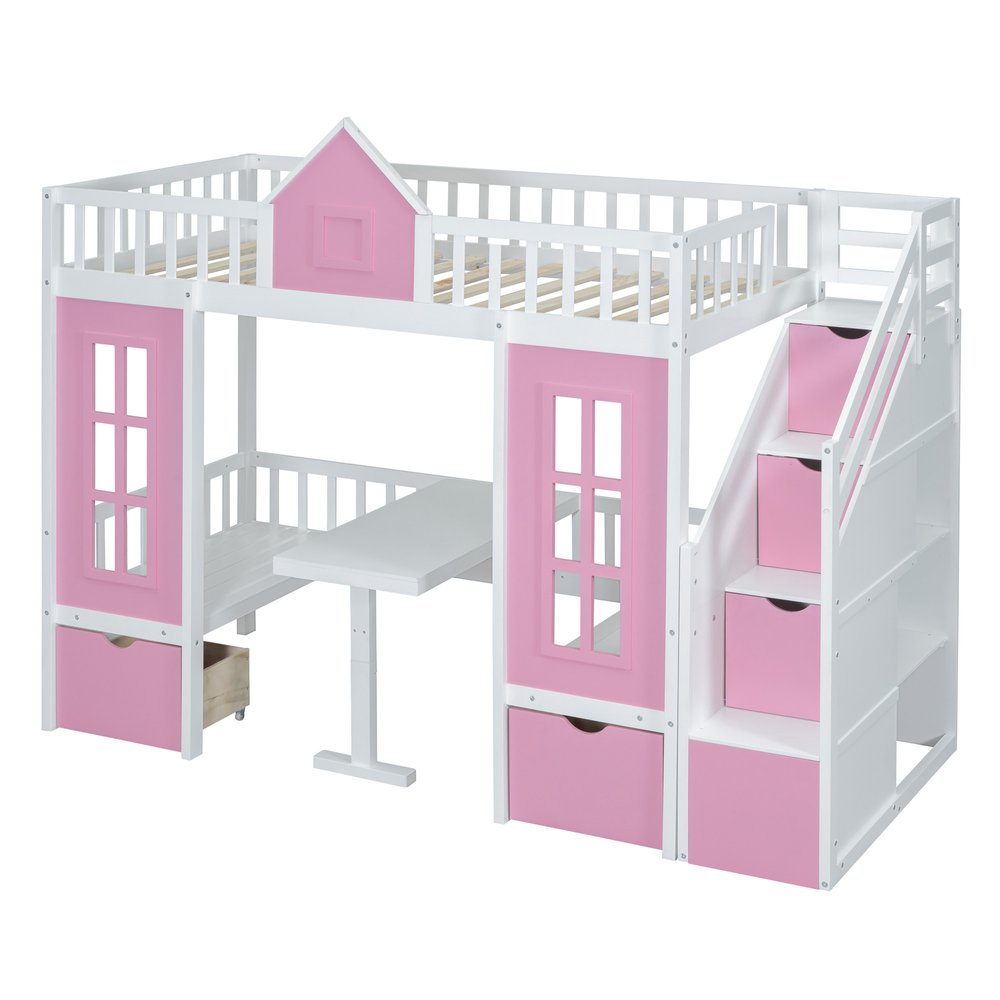 Pink And White Twin Over Twin Solid Wood Bunk Bed With Stairs And Desk And Drawers And Storage
