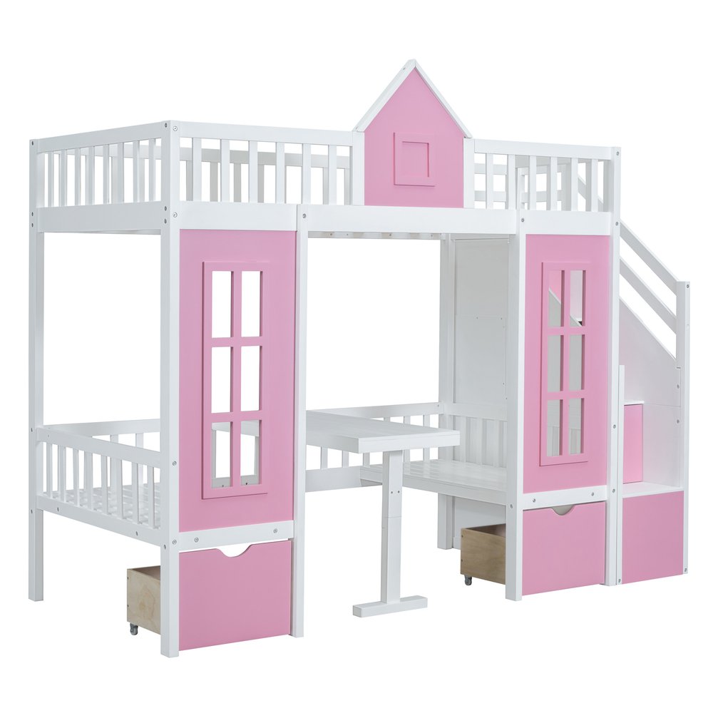 Pink And White Twin Over Twin Solid Wood Bunk Bed With Stairs And Desk And Drawers And Storage