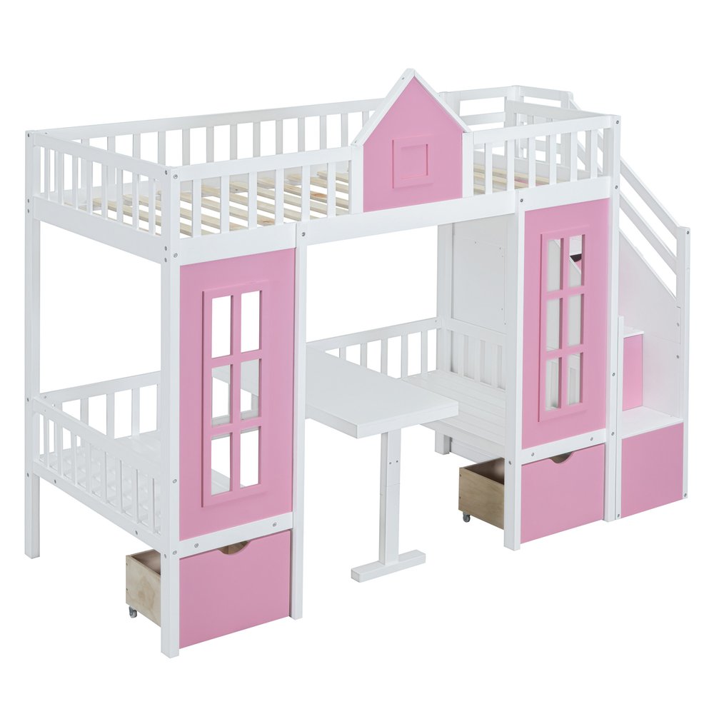 Pink And White Twin Over Twin Solid Wood Bunk Bed With Stairs And Desk And Drawers And Storage