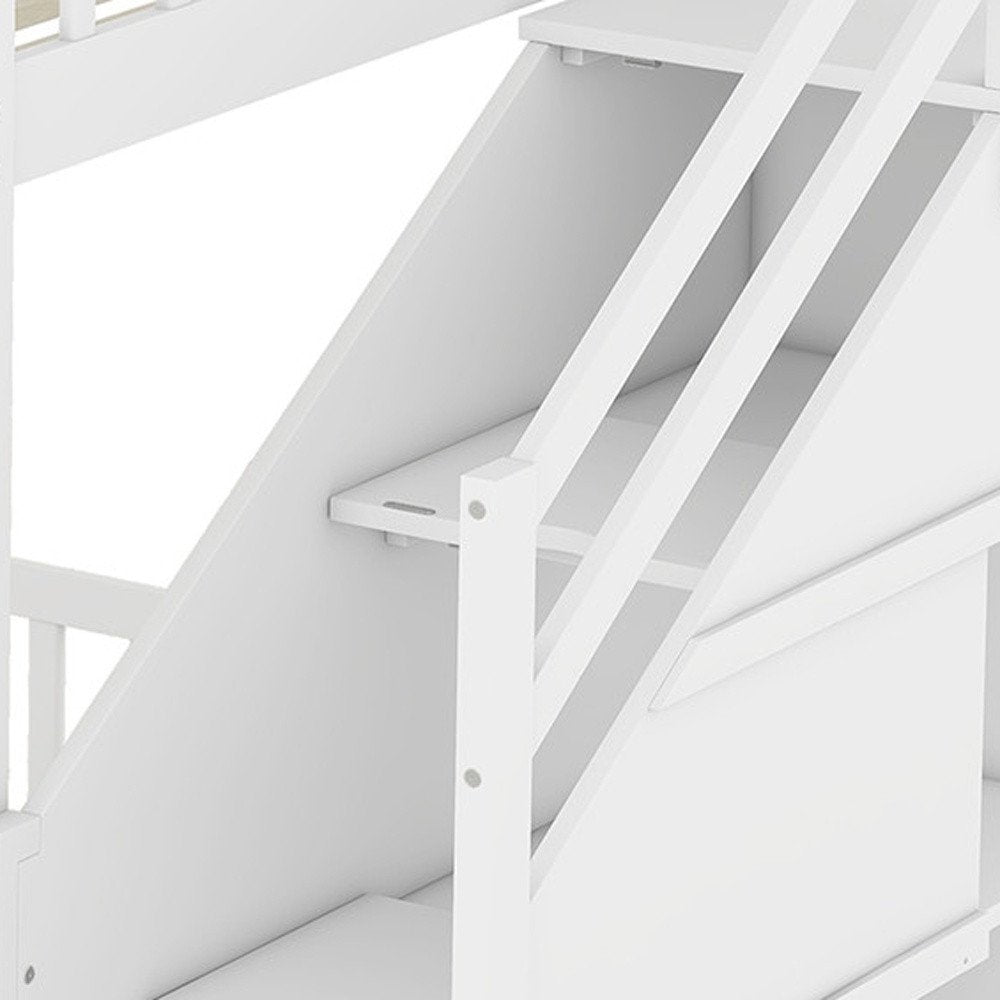 White Twin Over Twin Solid Wood Bunk Bed With Stairs And Desk And Drawers And Storage