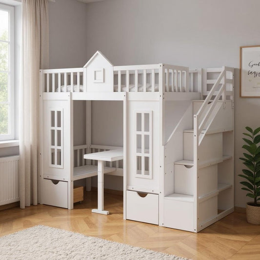 White Twin Over Twin Solid Wood Bunk Bed With Stairs And Desk And Drawers And Storage