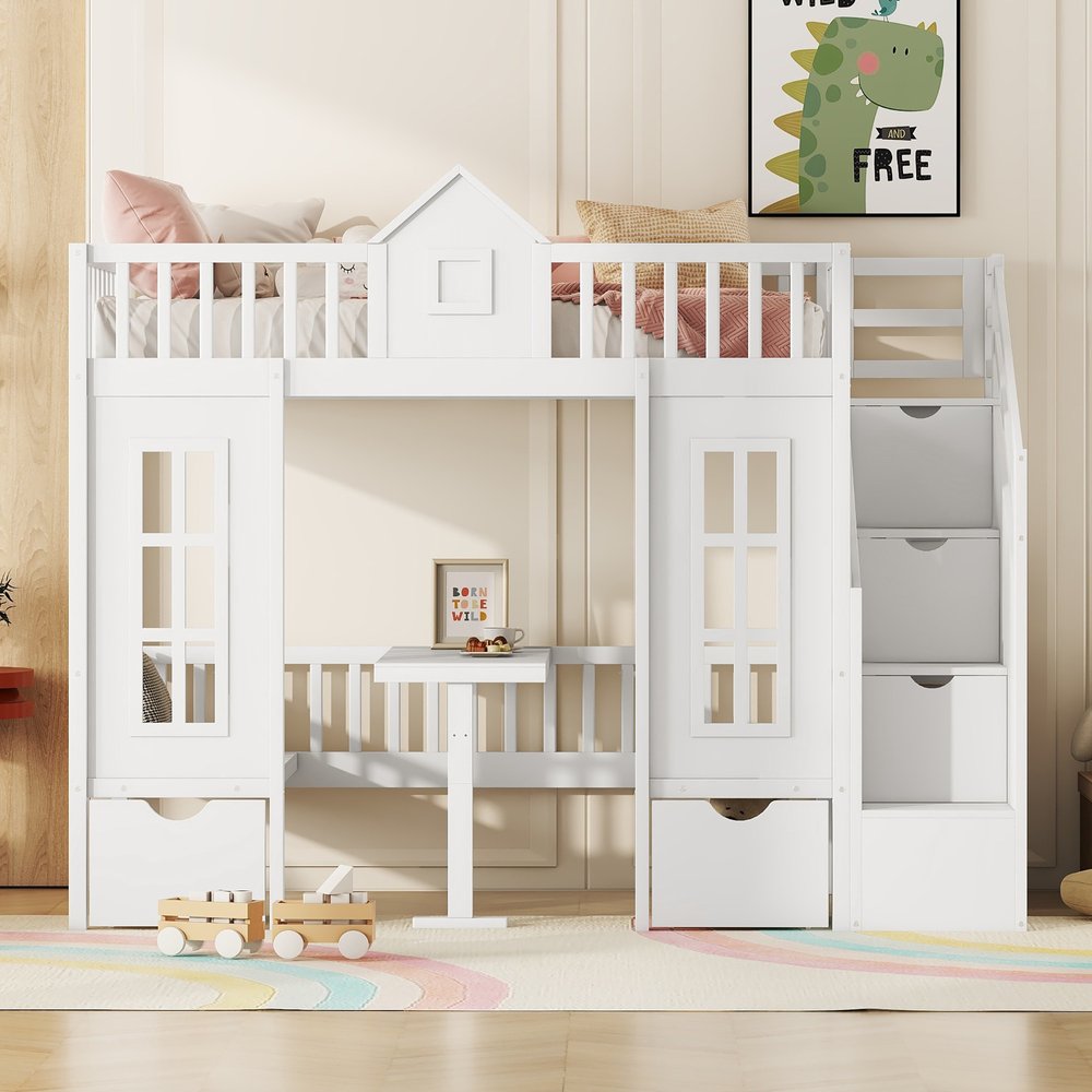 White Twin Over Twin Solid Wood Bunk Bed With Stairs And Desk And Drawers And Storage