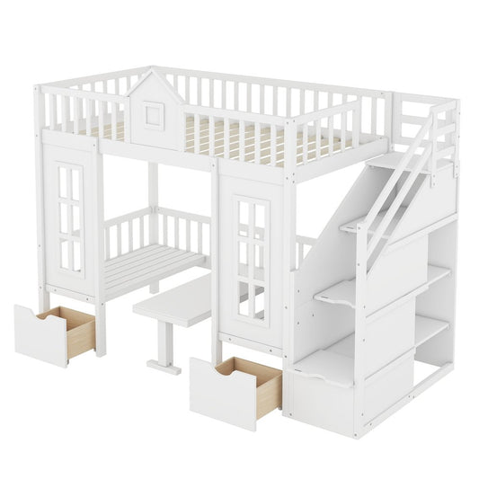 White Twin Over Twin Solid Wood Bunk Bed With Stairs And Desk And Drawers And Storage