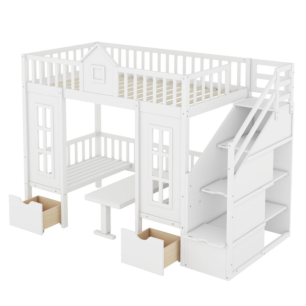 White Twin Over Twin Solid Wood Bunk Bed With Stairs And Desk And Drawers And Storage